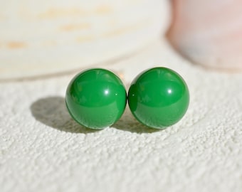 Forest Green Turquoise Studs: Solid 18K Gold, Undyed Hubei Turquoise, 9.2mm, Authentic Turquoise, AAA+, Green Gemstone