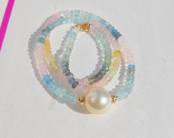 Aquamarine and Morganite with South Sea Pearl Necklace | 13mm | Solid 18kt/14kt Yellow Gold | Saltwater Pearl | AAA | Gemstone and Pearl