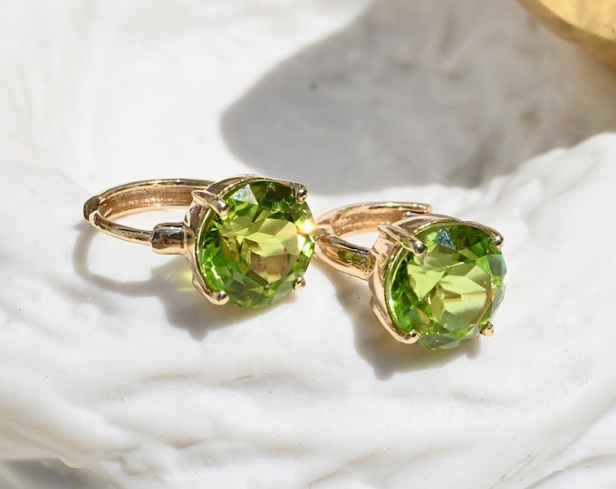 Natural Peridot Hoop Earrings: 3.67 Ct, Solid 14K Gold, 8mm Huggie Hoops