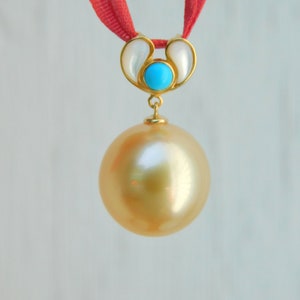 13mm Light Golden South Sea Pearl Pendant Solid 18K Gold Bail AAA Mother of Pearl and Turquoise Saltwater Pearl Pendant image 8