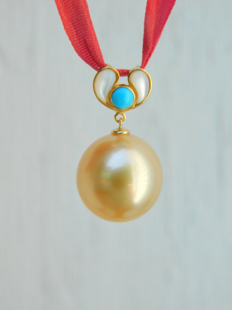 13mm Light Golden South Sea Pearl Pendant Solid 18K Gold Bail AAA Mother of Pearl and Turquoise Saltwater Pearl Pendant image 8