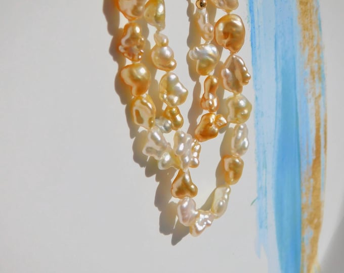 Golden South Sea Keshi Pearl Necklace | AAA+ | 6-9mm | Solid 14kt Gold | Free Formed Pearls | 17.5 Inches | Saltwater | Layering | Stacking