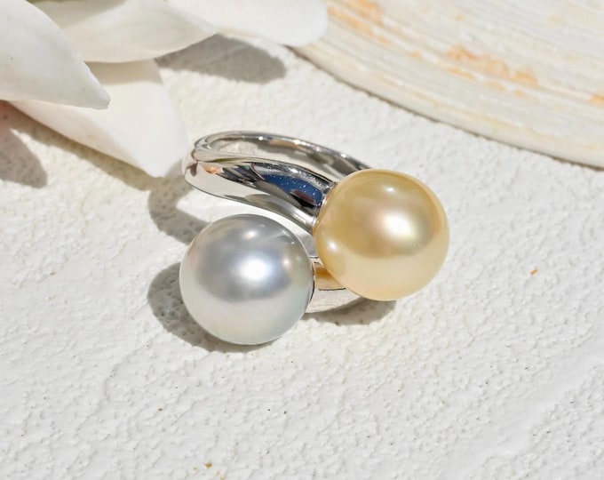Dual Bypass South Sea Pearl Silver Ring: Pastel Cream Golden, Pastel Eggshell Tahitian Pearl, AAA, 5 1/2 US Size