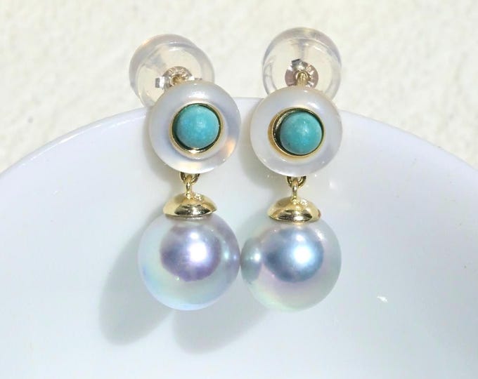 Pastel Blue Akoya Pearl & Turquoise Drop Earrings: 7.7mm Saltwater Pearls, Mother of Pearl, Sterling Silver