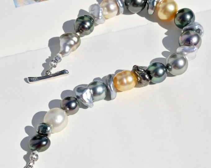 Saltwater Pearl Bracelet: Tahitian, Keshi, Golden South Sea Pearls , For 7-inch Wrist, Toggle Clasp