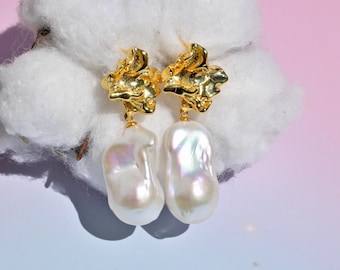 Vermeil Nugget Baroque Pearl Earrings: Statement Dangle Earrings, AAA