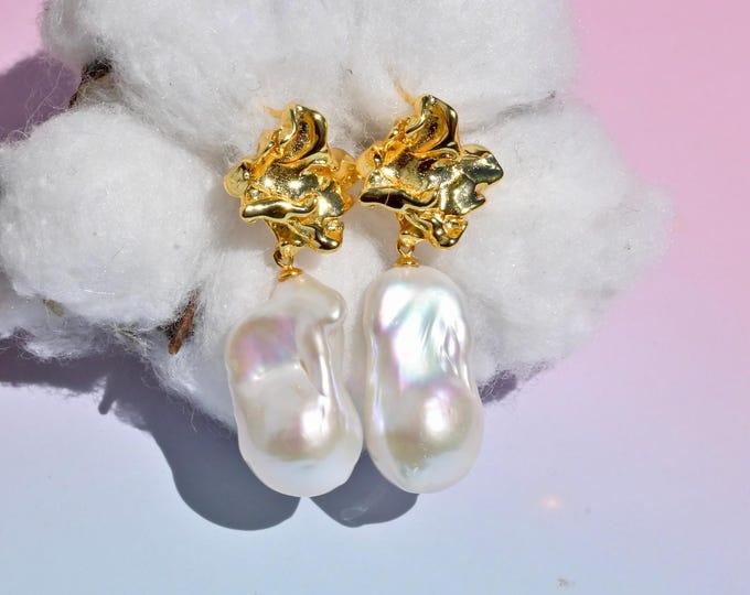 Vermeil Nugget Baroque Pearl Earrings: Statement Dangle Earrings, AAA