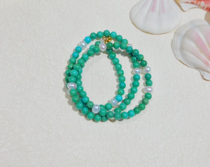 Green Turquoise and Freshwater Pearl Necklace | Solid 18kt Yellow Gold | White | Green | Layering | Stacking | Choker Necklace | Gemstone