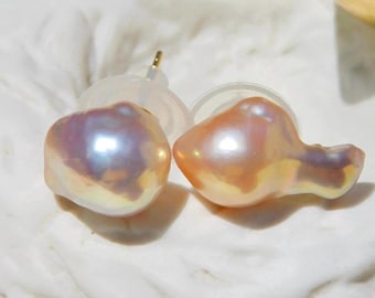 Super Metallic Baroque Pearl Studs | Mismatched | Unmatched | Freshwater Pearl Studs | Golden | Solid 18k Gold Studs | Ultimate Luster