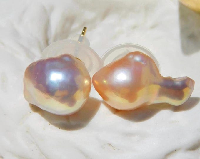 Super Metallic Baroque Pearl Studs | Mismatched | Unmatched | Freshwater Pearl Studs | Golden | Solid 18k Gold Studs | Ultimate Luster