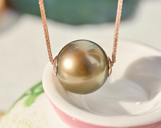 Solid 18k Rose Gold Floating Tahitian Pearl Necklace: Golden Pistachio , Adjustable Chain, 12.2mm, AAA