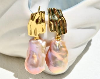 Baroque Freshwater Pearl Earrings: Gold Vermeil, Pink Peach Pearls, 15mm*25mm, Organic Statement Pearl Earrings