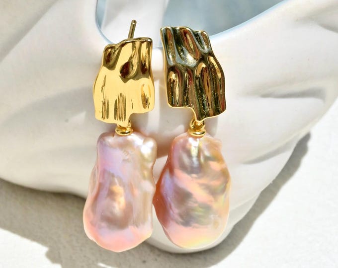 Baroque Freshwater Pearl Earrings: Gold Vermeil, Pink Peach Pearls, 15mm*25mm, Organic Statement Pearl Earrings