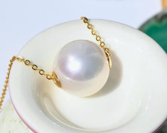 13.1mm Floating Freshwater Pearl Necklace: AAA, Dainty, Solid 18K Yellow Gold Pin-end Chain, White