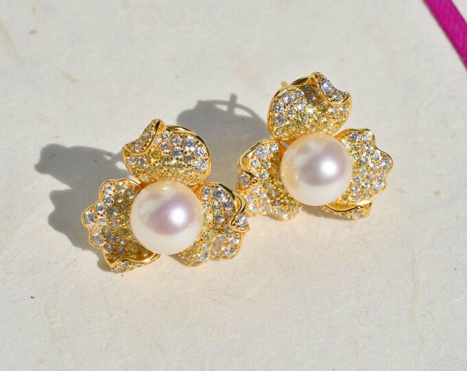 Cluster Flower Akoya Pearl Earrings: Gold Plated Silver, 9mm, AA+ to AAA, Latch Backs