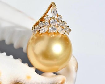 12.8mm Golden South Sea Pearl Pendant: Solid 18K Gold, AAA, Moissanite Cluster Pendant
