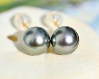 8.6mm Tahitian Pearl Studs: Gray-green, AAA, Round, Solid 18k Gold