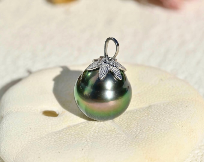 11mm Tahitian Pearl Pendant: Solid 18K White Gold Flower Bail, Peacock, Black Pearl Pendant, AAA+
