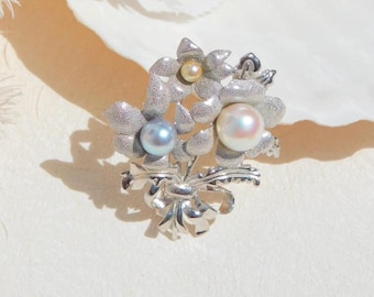 Flower Bouquet Brooch | Multi-color Saltwater Pearls | White Gold Over Silver | Pearl Pin | Akoya Pearls | Pastel Blue | Cream | White Pink