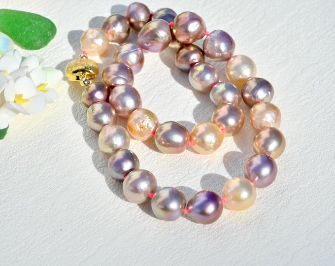 Large Kasumi-like Freshwater Pearl Necklace: 19 Inch, Soft Peach, Mauve, 12.5mm-13.6mm, Vermeil Clasp
