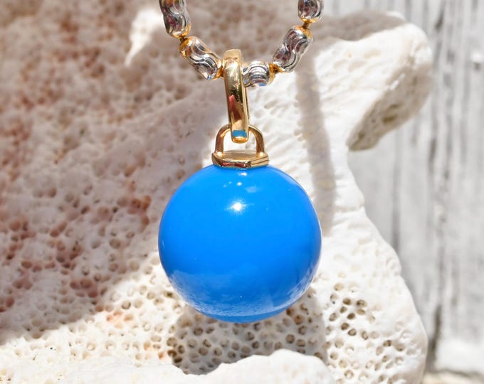 13mm Cobalt Blue Turquoise Pendant Enhancer: Solid 18K Gold, Authentic Blue Turquoise