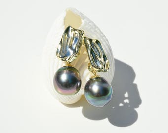 Tahitian Pearl Drop Earrings: Vermeil Organic Earrings, 10.1mm, Peacock, Aubergine