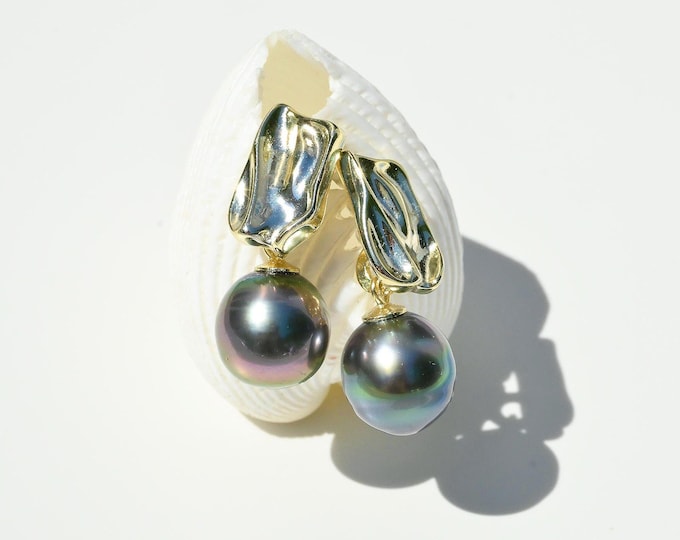 Tahitian Pearl Drop Earrings: Vermeil Organic Earrings, 10.1mm, Peacock, Aubergine