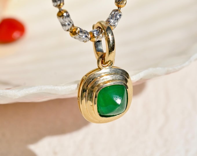 Solid 14K Gold Natural Emerald Pendant Enhancer: Sugarloaf, Vivid Green, Muzo Green  0.91ct, Clip Bail