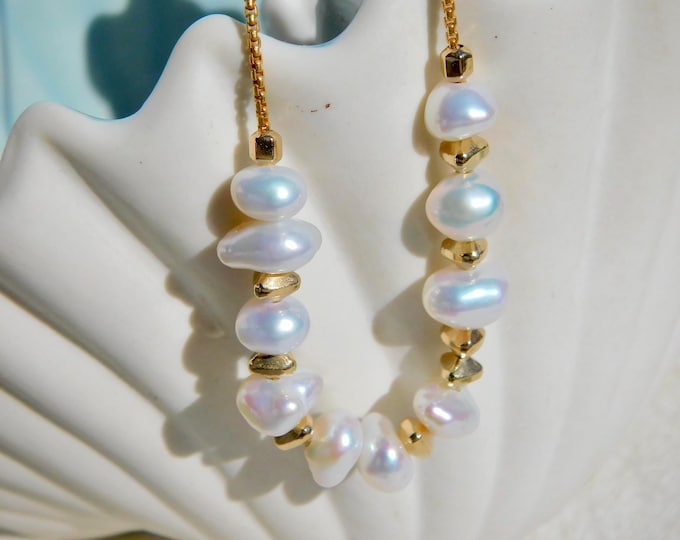 Super Luster Freshwater Keshi Chain Necklace | AAA+ | 10 Pieces | Gold filled | 1mm Box Chain | 17 Inches | AAA+ | White | Pearl Nuggets