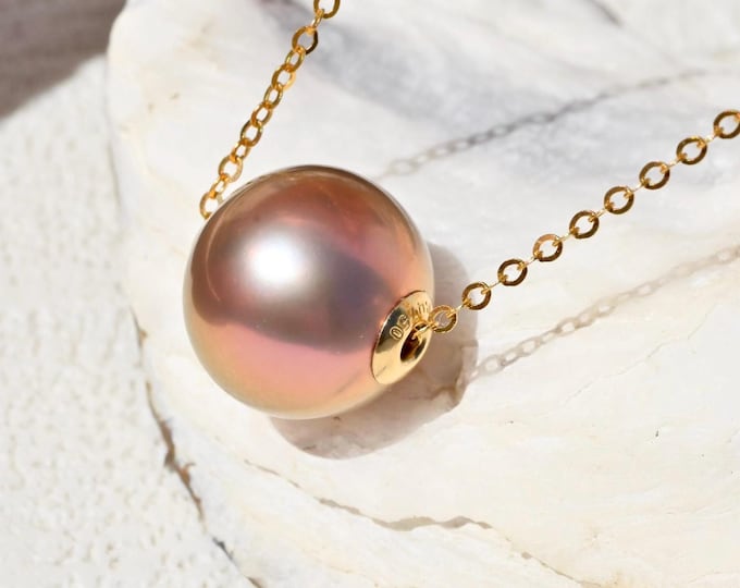 11.7mm Floating Freshwater Pearl Necklace: Copper Red, Solid 18k Gold Pin-End Chain, Dainty, AAA+