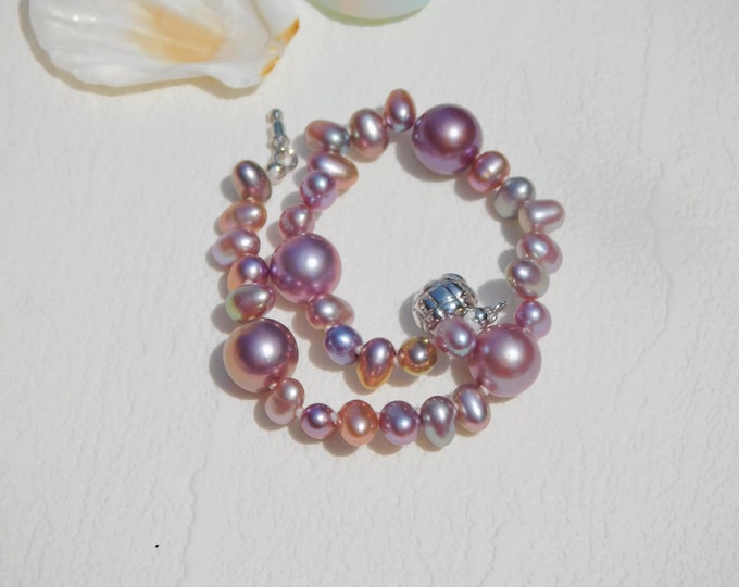 Purple Freshwater Pearl Bracelet | Super Metallic | Mauve | 6.75 to 7 inches Wrist Size | Sterling Silver Clasp | Pink | Mauve | AAA+