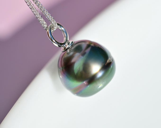 11.1mm Tahitian Pearl Pendant: Solid 18K White Gold, Aubergine Peacock, Black Pearl Pendant, Circled Pearl, AAA+