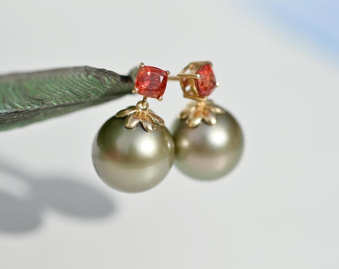 Tahitian Pearl & Spinel Earrings: Solid 14K Gold, 11.7mm, AAA, Pistachio, Orange Red, Gemstone