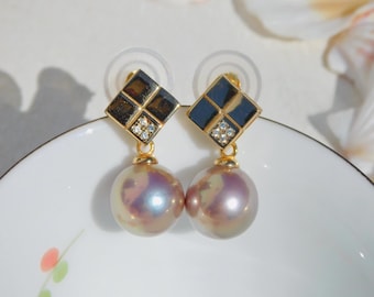 11.8mm Super Metallic Pearl Earrings | Vermeil Earrings | Drop Earrings | Freshwater Pearls | Gold over Sterling Silver | AAA | Pinkish Gold