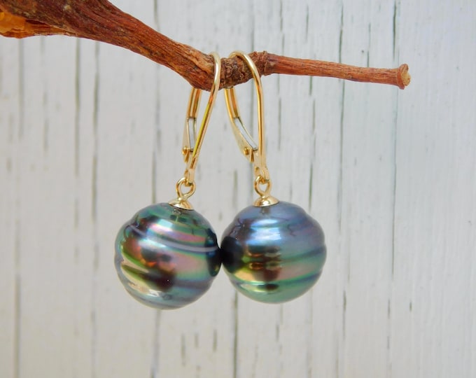 Peacock Circled Tahitian Pearl Earrings | Solid 18K Gold Lever Back | 12.1mm | Tahitian Pearl Earrings | Black Pearl Earrings | Au750