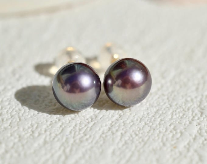 Freshwater Pearl Studs: Solid 18K Gold, Deep Grape Teal, 8.8mm, AAA, Purple Pearl Studs