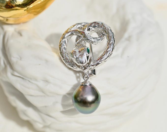 Tahitian Pearl Snake Brooch: Sterling Silver Animal Pin, S925, Peacock, AAA