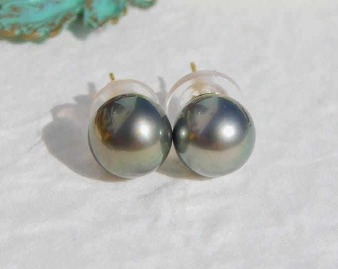 11mm Tahitian Pearl Studs | Olive Green | AAA | Round | Solid 18K Gold Studs | South Sea Pearl | Saltwater Pearl Studs | Black Pearl Studs