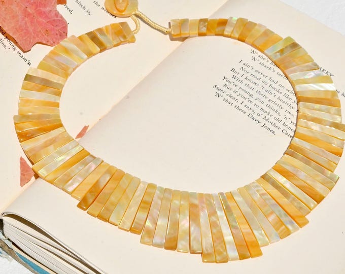 Yellow Mother-of-Pearl Graduated Bar Necklace: Iridescent Gold-lip Oyster Shell, 20-inch Statement Necklace