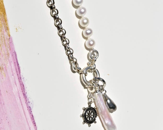 Half Pearl Half Chain Necklace: Sterling Silver, Removable Charms, Convertible Pearl Necklace Bracelet, 15.5 Inches, Tahitian Keshi