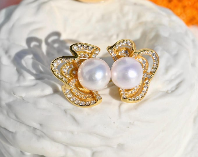 Lace Cluster Akoya Pearl Stud Earrings: Vermeil, Saltwater Pearls, AAA, White, 8.5mm
