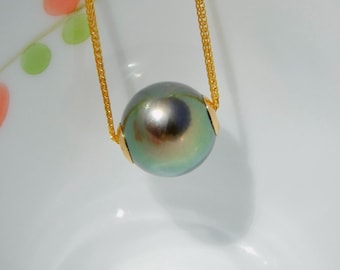 Floating Tahitian Pearl Necklace | 9.8mm | Vivid Green | Dainty | Adjustable Solid 18K Gold Pin-end Chain | Black Pearl | AAA | Au750 | AAA