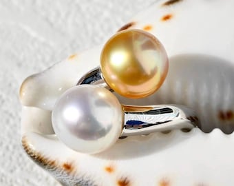 Dual Bypass South Sea Pearl Silver Ring: Deep Golden, White South Sea Pearl, AAA, 5 1/4 US Size