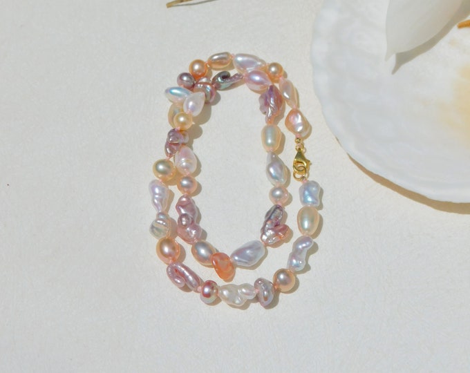 Multi color Freshwater Keshi Pearl Necklace | 16.5 Inches | AAA+ | Solid 18kt Clasp | Free Formed Pearls | Pink | Mauve | White | Coral