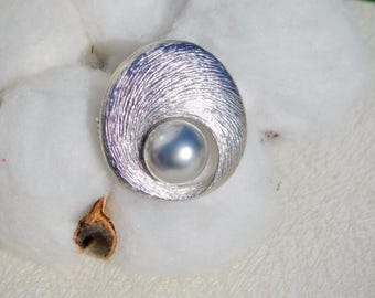 10.2mm Tahitian Pearl Brooch/Pendant | Textured Sterling Silver | Light Silver Gray | AAA | Brooch Pin | Near Round | Saltwater Pearl Pin