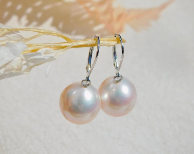 13.6mm Freshwater Pearl Earrings | Solid 18k White Gold | Lever Back | Pearl Drop Earrings | Au750 Lever-back | White Pearl Drop Earrings