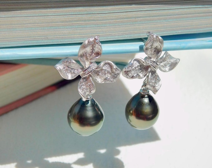 Large Tahitian Pearl Drop Earrings: White Gold Plated Silver, 12.1mm, Deep Olive Green, Black Pearl Earrings