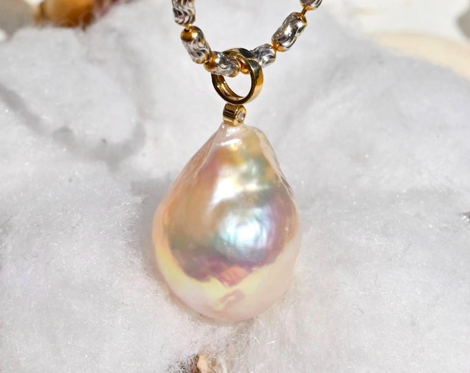 14.2mm Freshwater Kasumi-like Pearl Pendant: Solid 18K Gold, Pastel Pink Blush, AAA+, 14.2mm *20mm