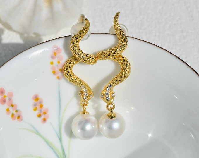 Akoya Pearl Snake Drop Earrings: Gold Vermeil, Sterling Silver, 8.5mm, AAA