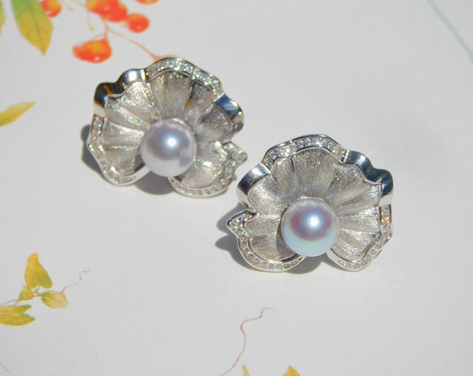 Blue Akoya Pearl Leaf Earrings | Japanese Akoya Pearls | White Gold Plated Silver | Saltwater Pearls | AAA | Texture Leaf | 6.8mm